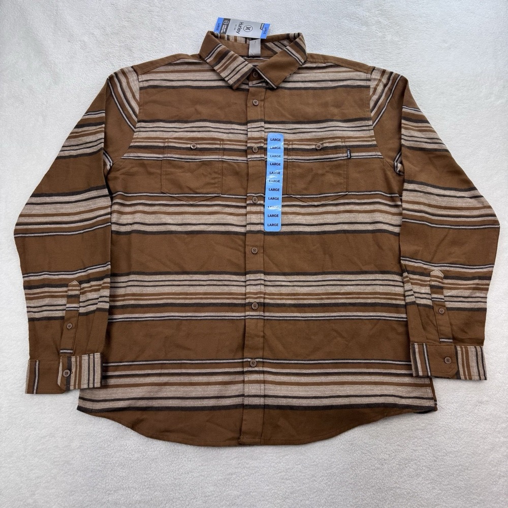 Hurley Mens Portland Flannel Shirt L Brozed Striped Long Sleeve Button Up NWT - Picture 3 of 9